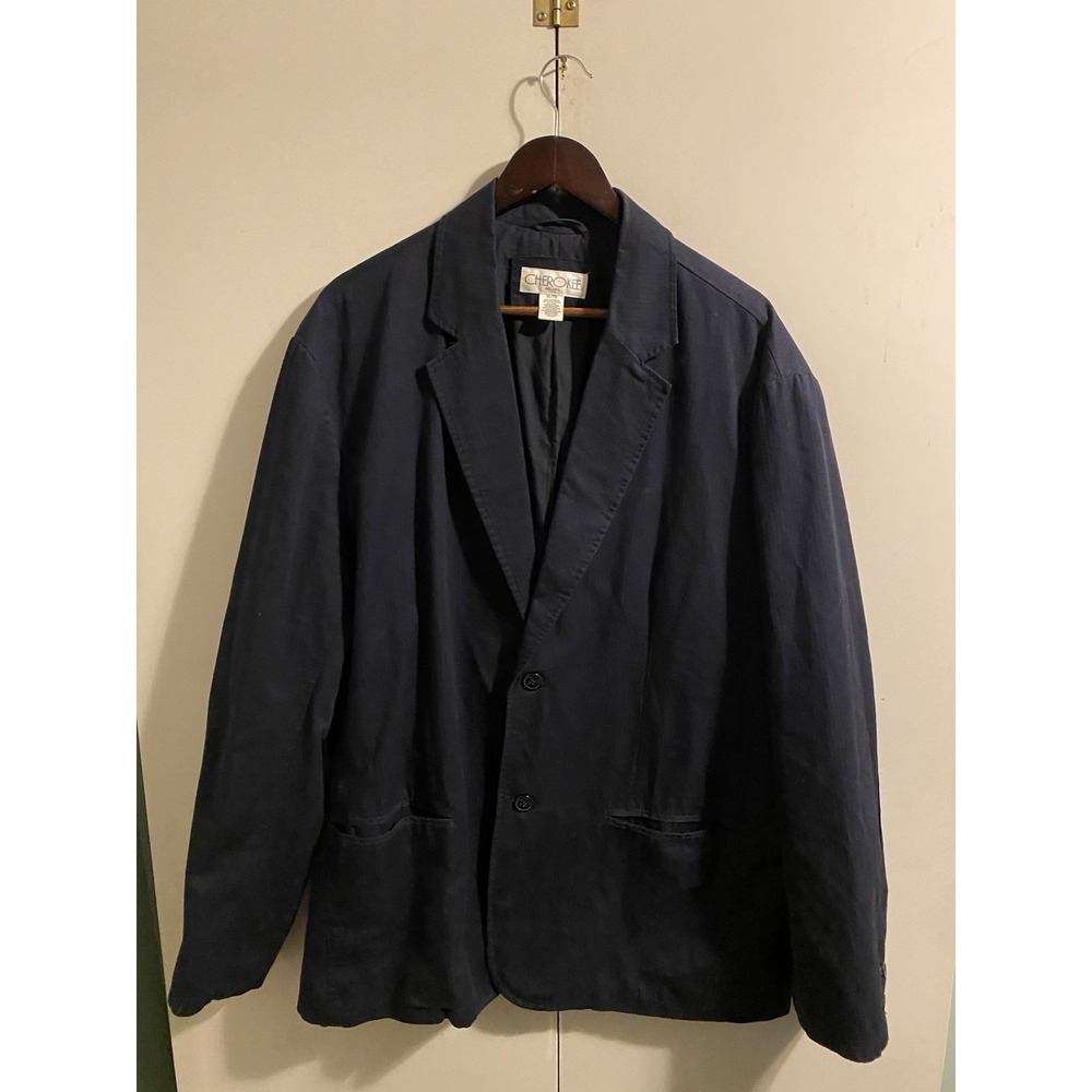 Cherokee Blazer Jacket Mens XL Blue Good Vintage Cotton 2 Button Herringbone